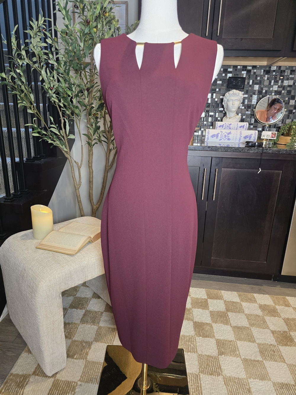 Calvin Klein Burgundy Sleeveless Sheath Dress with Keyhole Accents